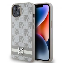 Beige dėklas telefonui Apple Iphone 15 "DKNY PU Leather Checkered Pattern and Stripe"