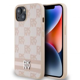 Rausvas dėklas telefonui Apple Iphone 15 "DKNY PU Leather Checkered Pattern and Stripe"