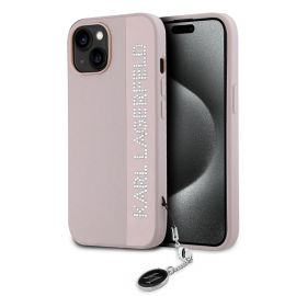 Rausvas dėklas Karl Lagerfeld PU Saffiano Rhinestone Charm telefonui Apple iPhone 15