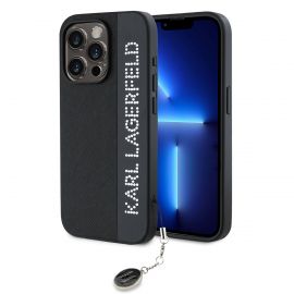 Juodas dėklas Karl Lagerfeld PU Saffiano Rhinestone Charm telefonui Apple iPhone 15 Pro Max