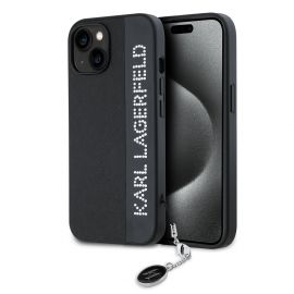 Juodas dėklas Karl Lagerfeld PU Saffiano Rhinestone Charm telefonui Apple iPhone 15