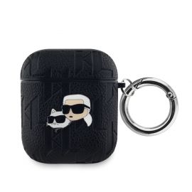 Juodas dėklas AirPods 1 / 2 "Karl Lagerfeld PU Embossed Karl and Choupette Heads"