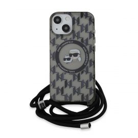 Juodas dėklas Karl Lagerfeld IML Monogram Crossbody K&CH Heads MagSafe telefonui Apple iPhone 15