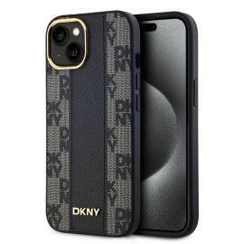 Juodas dėklas DKNY PU Leather Checkered Pattern Magsafe telefonui Apple iPhone 15