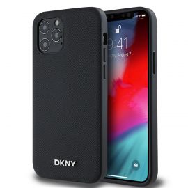 Juodas dėklas telefonui Apple Iphone 12 / 12 Pro "DKNY PU Leather Silver Metal Logo Magsafe"