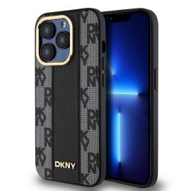 Juodas dėklas telefonui Apple Iphone 15 Pro Max "DKNY PU Leather Checkered Pattern Magsafe"