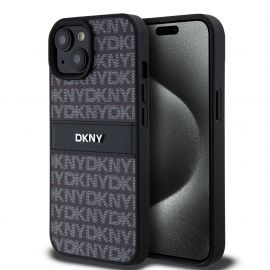 Juodas dėklas telefonui Apple Iphone 15 "DKNY PU Leather Repeat Pattern Tonal Stripe"