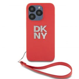 Raudonas dėklas DKNY PU Leather Stack Logo Wrist Strap telefonui Apple iPhone 15 Pro Max