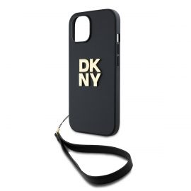 Juodas dėklas DKNY PU Leather Stack Logo Wrist Strap telefonui Apple iPhone 14