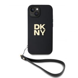 Juodas dėklas DKNY PU Leather Stack Logo Wrist Strap telefonui Apple iPhone 15