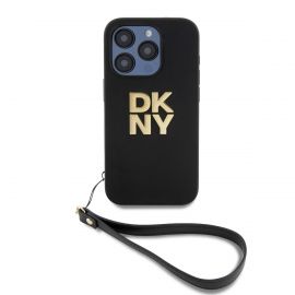 Juodas dėklas DKNY PU Leather Stack Logo Wrist Strap telefonui Apple iPhone 15 Pro Max