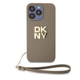 Beige dėklas DKNY PU Leather Stack Logo Wrist Strap telefonui Apple iPhone 14 Pro Max