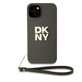 Žalias dėklas DKNY PU Leather Stack Logo Wrist Strap telefonui Apple iPhone 14