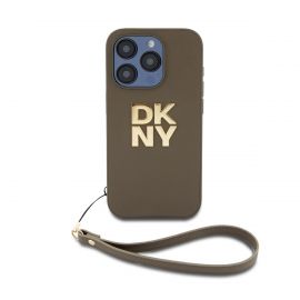 Žalias dėklas DKNY PU Leather Stack Logo Wrist Strap telefonui Apple iPhone 15 Pro Max