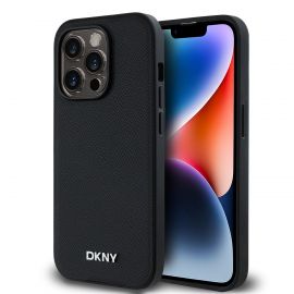 Juodas dėklas telefonui Apple Iphone 14 Pro Max "DKNY PU Leather Silver Metal Logo Magsafe"