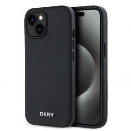 Juodas dėklas telefonui Apple Iphone 15 "DKNY PU Leather Silver Metal Logo Magsafe"