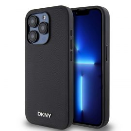 Juodas dėklas telefonui Apple Iphone 15 Pro Max "DKNY PU Leather Silver Metal Logo Magsafe"