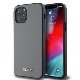 Pilkas dėklas telefonui Apple Iphone 12 / 12 Pro "DKNY PU Leather Silver Metal Logo Magsafe"