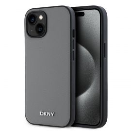 Pilkas dėklas telefonui Apple Iphone 15 "DKNY PU Leather Silver Metal Logo Magsafe"