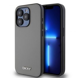 Pilkas dėklas telefonui Apple Iphone 15 Pro Max "DKNY PU Leather Silver Metal Logo Magsafe"