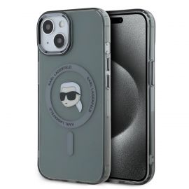 Juodas dėklas telefonui Apple Iphone 15 "Karl Lagerfeld IML Karl Head Metal Frame MagSafe"