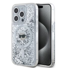 Skaidrus dėklas Karl Lagerfeld Liquid Glitter Karl and Choupette Heads MagSafe telefonui Apple iPhone 15 Pro Max
