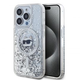 Skaidrus dėklas Karl Lagerfeld Liquid Glitter Choupette Head MagSafe telefonui Apple iPhone 15 Pro Max