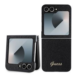 Juodas blizgantis originalus dėklas Guess PC/TPU Glitter Flakes Metal Logo telefonui Samsung Galaxy Z Flip 6