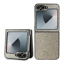 Auksinis blizgantis originalus dėklas Guess PC/TPU Glitter Flakes Metal Logo Samsung Galaxy Z Flip 6