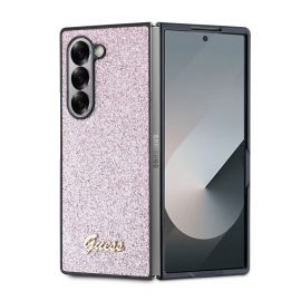 Rožinis blizgantis originalus dėklas Guess PC/TPU Glitter Flakes Metal Logo telefonui Samsung Galaxy Z Fold 6