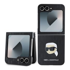 Juodas originalus dėklas Karl Lagerfeld PU Saffiano Monogram Karl Head Case telefonui Samsung Galaxy Z Flip 6