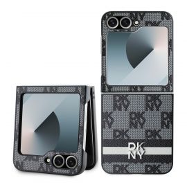 Juodas dėklas telefonui Samsung Galaxy Z Flip 6 "DKNY PU Leather Checkered Pattern and Stripe"