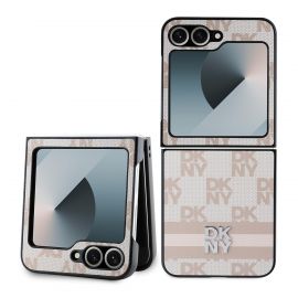 Rausvas dėklas telefonui Samsung Galaxy Z Flip 6 "DKNY PU Leather Checkered Pattern and Stripe"