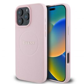 Rožinis dėklas Guess PU Grained Classic Logo MagSafe telefonui Apple iPhone 16 Pro Max