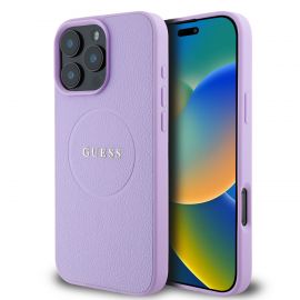 Purpurinis dėklas Guess PU Grained Classic Logo MagSafe telefonui Apple iPhone 16 Pro Max