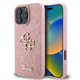 Rožinis dėklas Guess PU Fixed Glitter 4G Metal Logo telefonui Apple iPhone 16 Pro Max