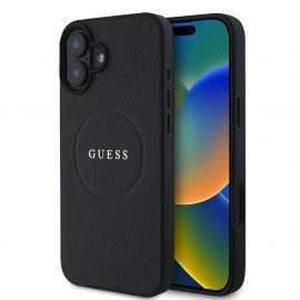 Juodas dėklas Guess PU Grained Classic Logo MagSafe telefonui Apple iPhone 16 Plus