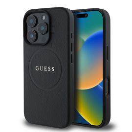 Juodas dėklas Guess PU Grained Classic Logo MagSafe telefonui Apple iPhone 16 Pro