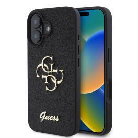 Juodas originalus dėklas Guess PU Fixed Glitter 4G Metal Logo telefonui Apple iPhone 16 Plus
