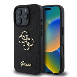 Juodas originalus dėklas Guess PU Fixed Glitter 4G Metal Logo telefonui Apple iPhone 16 Pro