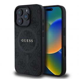Juodas dėklas Guess PU Leather 4G Colored Ring MagSafe telefonui Apple iPhone 16 Pro