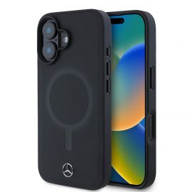 Juodas dėklas Mercedes Smooth Leather MagSafe telefonui Apple iPhone 16 Plus