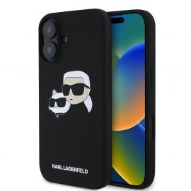 Juodas dėklas Karl Lagerfeld Liquid Silicone Double Heads MagSafe telefonui Apple iPhone 16 Plus