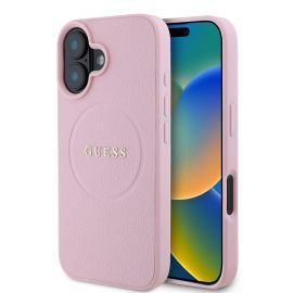Rožinis dėklas Guess PU Grained Classic Logo MagSafe telefonui Apple iPhone 16