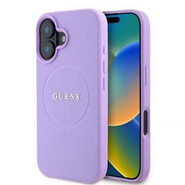 Purpurinis dėklas Guess PU Grained Classic Logo MagSafe telefonui Apple iPhone 16