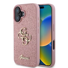 Rausvas originalus dėklas Guess PU Fixed Glitter 4G Metal Logo telefonui Apple iPhone 16