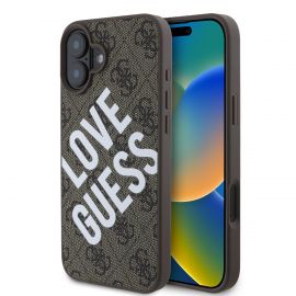 Rudas dėklas Guess PU Leather 4G Big Love Logo MagSafe telefonui Apple iPhone 16
