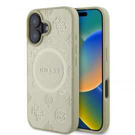 Auksinis dėklas Guess Saffiano Peony Stamp MagSafe telefonui Apple Iphone 16