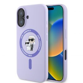 Purpurinis dėklas Karl Lagerfeld Liquid Silicone Karl and Choupette MagSafe telefonui Apple Iphone 16