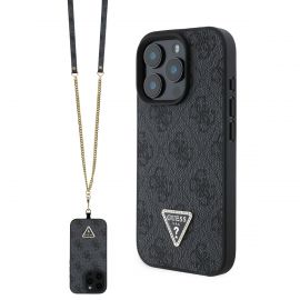 Juodas originalus dėklas Guess PU 4G Strass Triangle Metal Logo + Crossbody Strap telefonui Apple iPhone 16 Pro